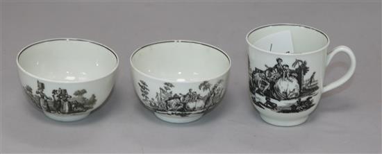 Two 1760s Worcester transfer-printed tea bowls and a cup